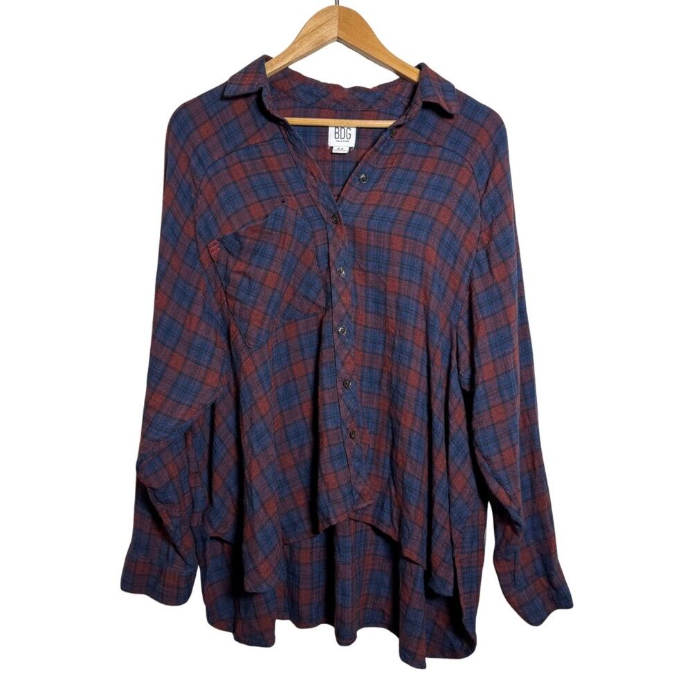 Urban Outfitters BDG Plaid Button Down Shirt Small Blue Red Worn-In Distressed